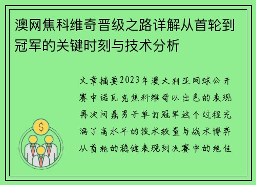 澳网焦科维奇晋级之路详解从首轮到冠军的关键时刻与技术分析